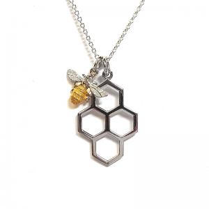 Honeycomb and mini bee pendant in silver and gold