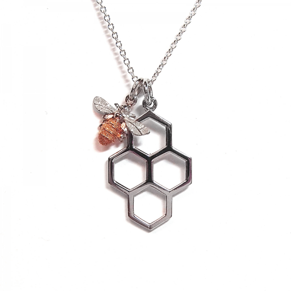 Honeycomb and mini bee pendant in silver and rose gold