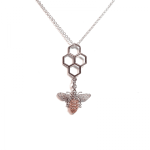 Honeycomb and bee pendant in silver and rose gold